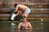 Morning worshippers/bathers gather on the Ghats of the Ganges river